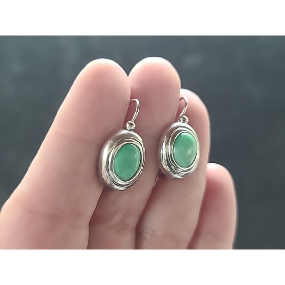 925 Sterling Silver Green Glass Oval Pierced Dangling Earrings Vintage - Picture 2 of 10